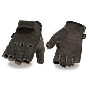 Men's Distressed Gray Leather Fingerless Gloves w/ Gel Padded Palm