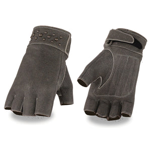 Ladies Leather Fingerless Glove w/ Gel Pam & Rivet Detailing