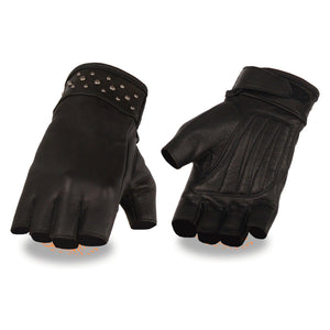 Ladies Leather Fingerless Glove w/ Gel Pam & Rivet Detailing
