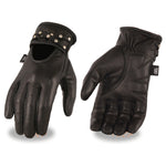 Ladies Black Leather Driving Glove w/ Gel Pam & Studs