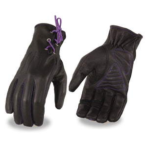 Ladies Leather Riding Glove w/ Gel Pam & Purple Lacing