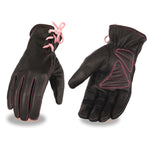 Ladies Leather Riding Glove w/ Gel Pam & Pink Lacing