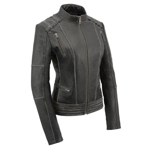 Women Distressed Black Leather Jacket with Lace