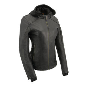 Women Lightweight Black Leather Jacket with Full Sleeve Removable Hoodie