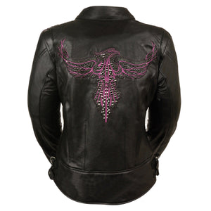 Ladies Black & Purple Racer Jacket with Phoenix Studding & Embroidery