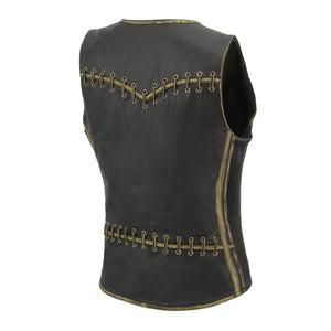 Women Distressed Brown Leather Vest with Lace design