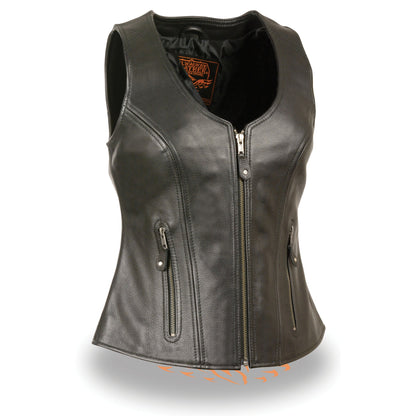 Ladies Open Neck Zipper Front Leather Vest