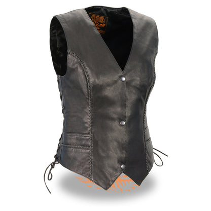Ladies Lightweight Snap Front Vest w/ Thin Braiding Detail