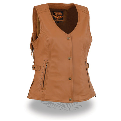 Ladies Saddle Tan Snap Front Vest w/ Fringe
