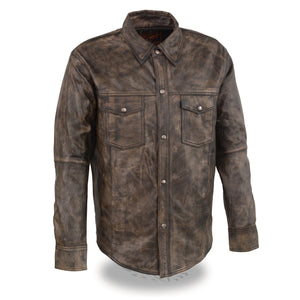 Men's Distressed Brown Lightweight Leather Snap Front Shirt