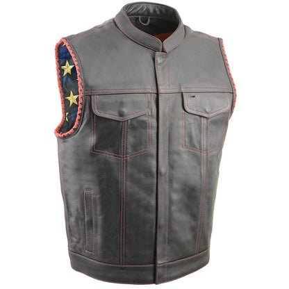 Men’s Club Style Leather Vest with Red Stitching & Laced Arm Holes