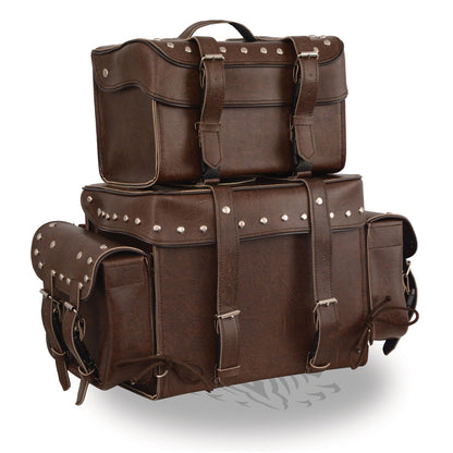 Large Antique Brown Four Piece Studded PVC Touring Pack w/ Barrel Bag (18X16X9)