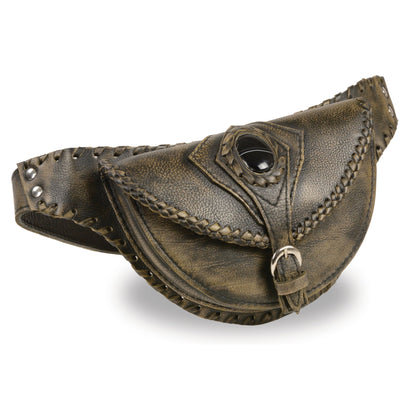 Unisex Hand Braided Leather Hip Bag w/ Stone Inlay & Gun Holster