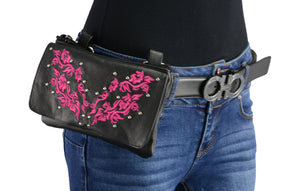 7X5X2.5 Women Black Leather Multi Pocket Belt Bag w/ Gun Holster