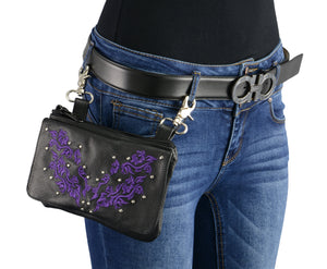 7X5X2.5 Women Black Leather Multi Pocket Belt Bag w/ Gun Holster - HighwayLeather