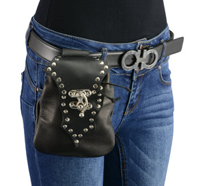 7X5X3 Women Black Leather Drop Set Belt Bag w/ Studding