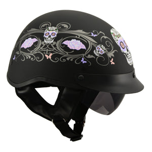 MPH DOT Helmet w/ Drop Sun Visor Sugar Skull Graphic Shiny Black