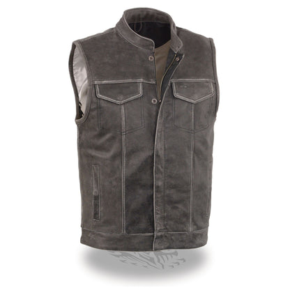 Men's Distressed Grey Open Neck Snap/Zip Front Club Style Vest