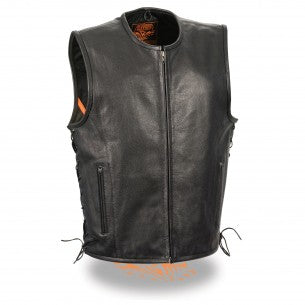 Men's Zipper Front Side Lace Leather Vest w/ Seamless Design