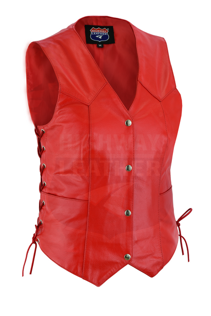 Red Leather Vest - Women motorcycle Club Vest with Gun Pockets for Riders, Easy Biker Patch Sew