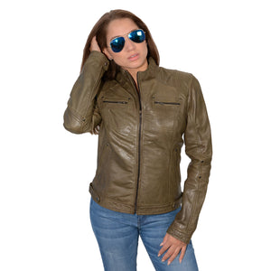 Ladies stand up collar racer jacket with rivet details
