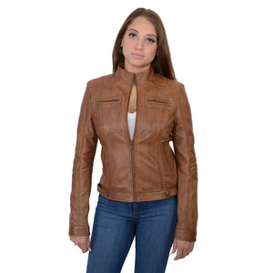 Ladies stand up collar racer jacket with rivet details