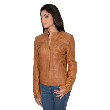 Ladies mandarin scuba collar jacket with quilted shoulders and cuff.