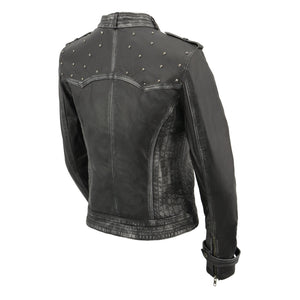 Womens Sheepskin Asymmetrical Moto Jacket w/ Studding