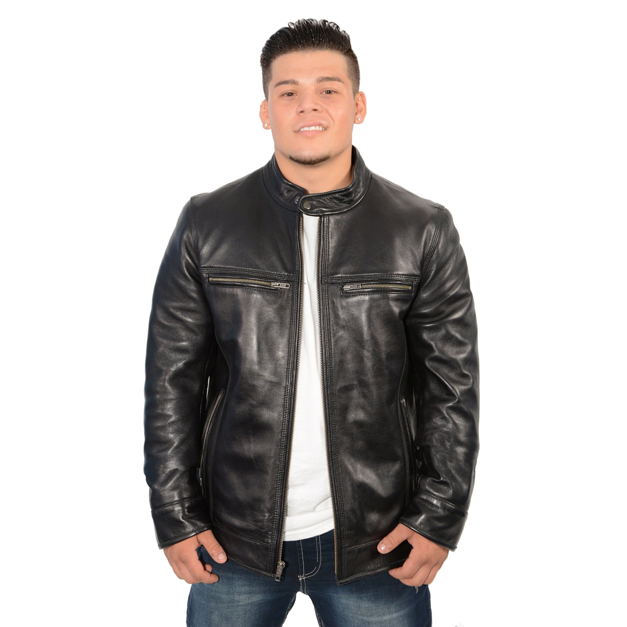 Men's stand up snap collar racer jacket with triple stitch accents