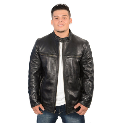 Men's stand up snap collar racer jacket with triple stitch accents.