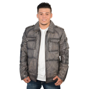 Men's 32 inch patch pocket jacket with shirt collar and padded elbows.