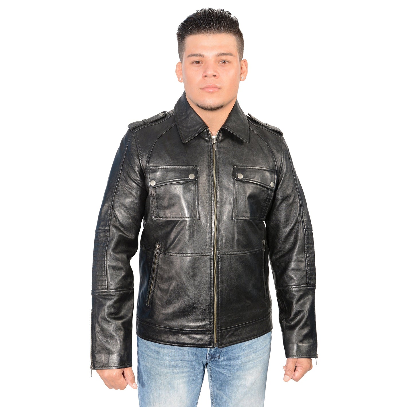 Men's 32 inch patch pocket jacket with shirt collar and padded elbows.