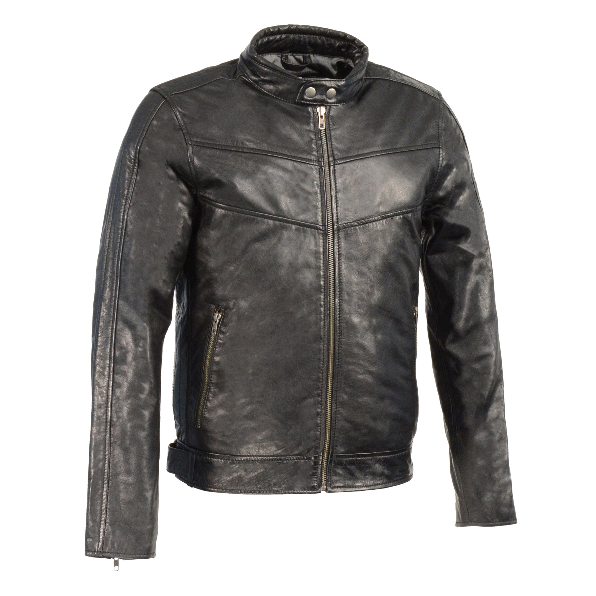 Men's Stand Up Collar Leather Jacket w/ Side Buckles & Lower Back Padding