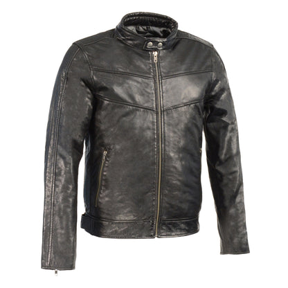 Men's Stand Up Collar Leather Jacket w/ Side Buckles & Lower Back Padding