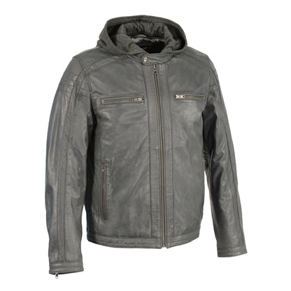 Men's Zipper Front Leather Jacket w/ Removable Hood