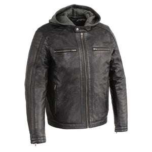 Men's Zipper Front Leather Jacket w/ Removable Hood