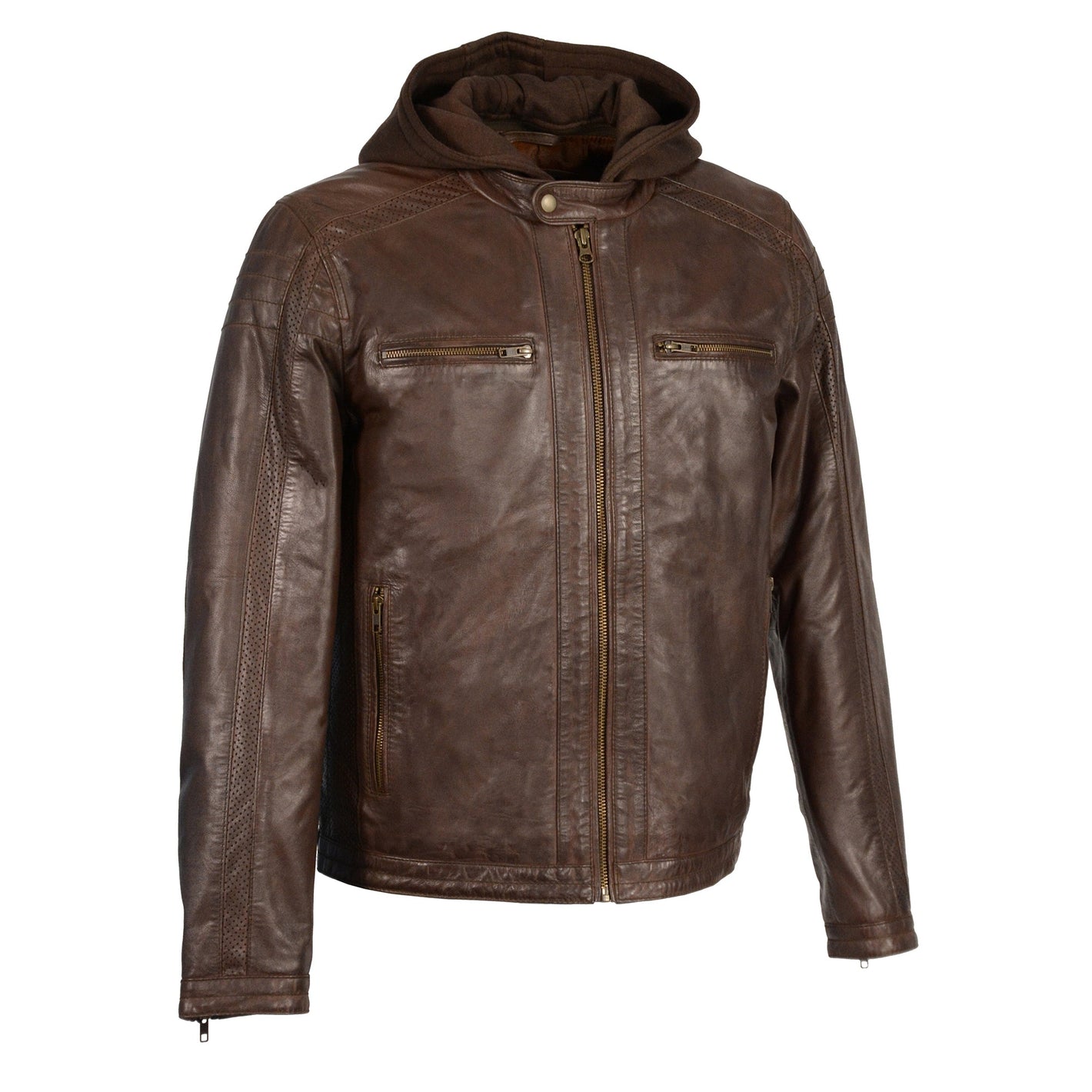 Men's Zipper Front Leather Jacket w/ Removable Hood