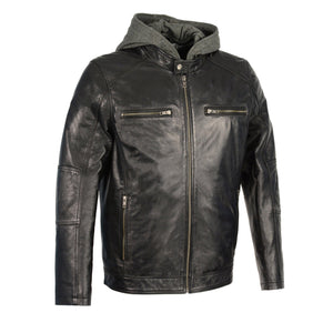 Men's Snap Collar Leather Moto Jacket w/ Removable Hood