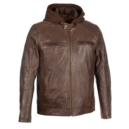 Men's Snap Collar Leather Moto Jacket w/ Removable Hood