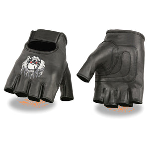 Men's Leather Fingerless Glove w/ Flaming Skull Embroidery