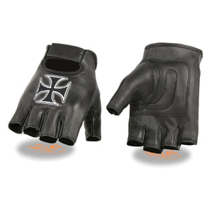 Men's Leather Fingerless Glove w/ Iron Cross Embroidery