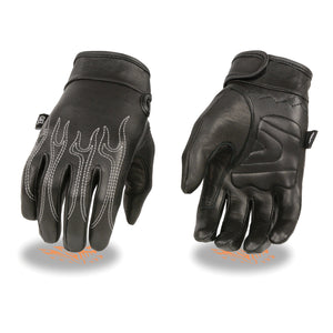 Men's Leather Crusing Gloves w/ Flame Embroidery, Gel Palm