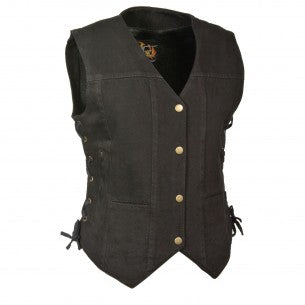 MDL4020-BLACK Women's 6 Pocket Side Lace Denim Vest w/ Gun Pockets