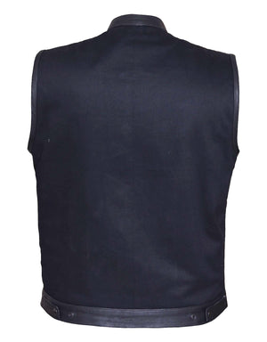 Men's Matt Black Denim Vest with Leather Trim