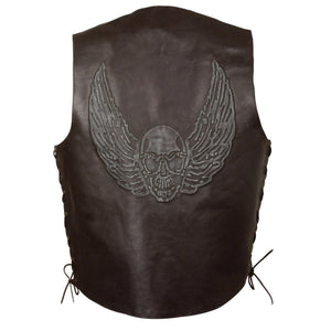 Men's Side Lace Leather Vest w/ Skull & Wings