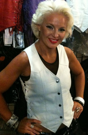 Women white side lace  leather club vest