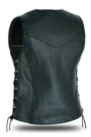 Women’s Basic Motorcycle Side Lace Leather Vest Zipper Pockets