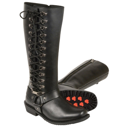 Ladies 14" Inch Classic Harness Square Toe Leather Boot w/ Full Lacing-Wide