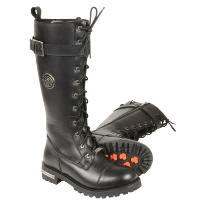 Ladies 14" Inch Lace to Toe High Rise Leather Boot w/ Calf Buckle-Wide