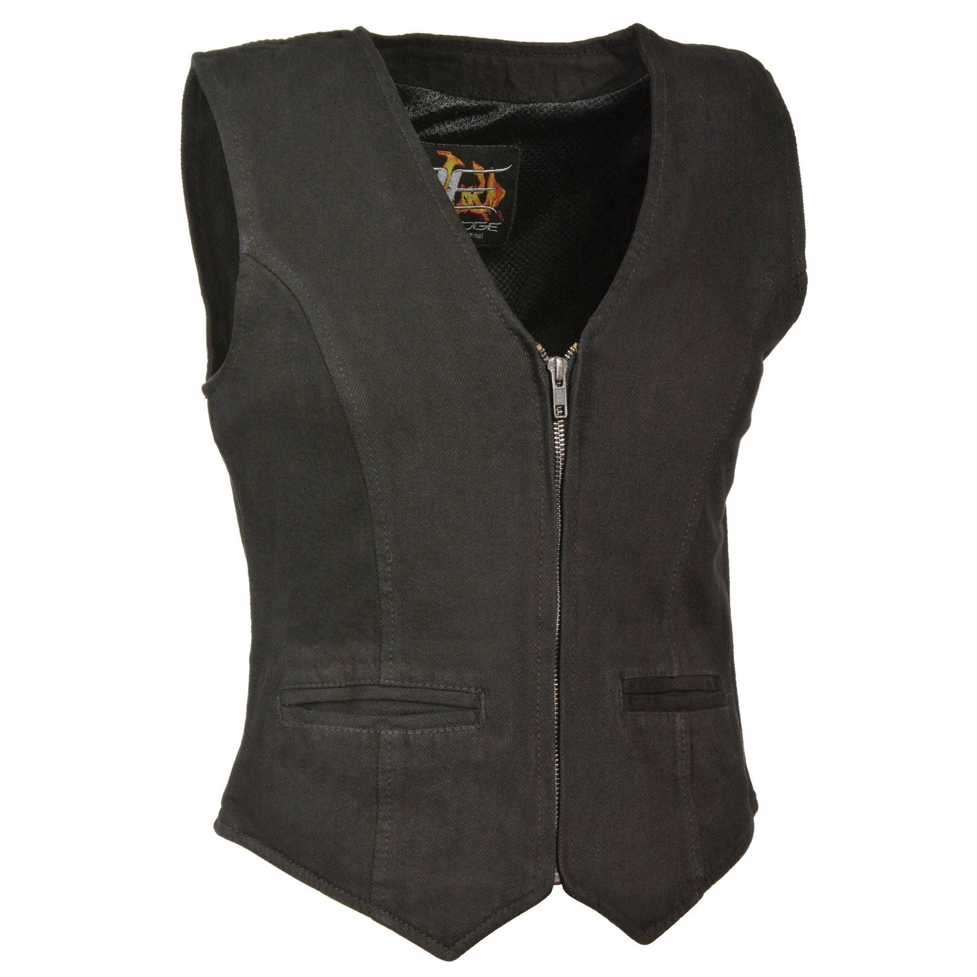 Ladies Zipper Front Denim Vest w/ V Neck Collar